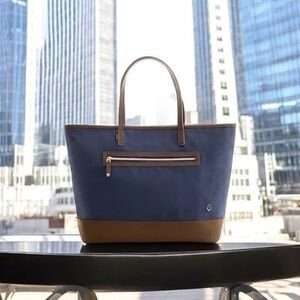 VESSEL Brown Blue Denim Canvas Leather Tote Bag Weekend Shoulder Zip Very Good